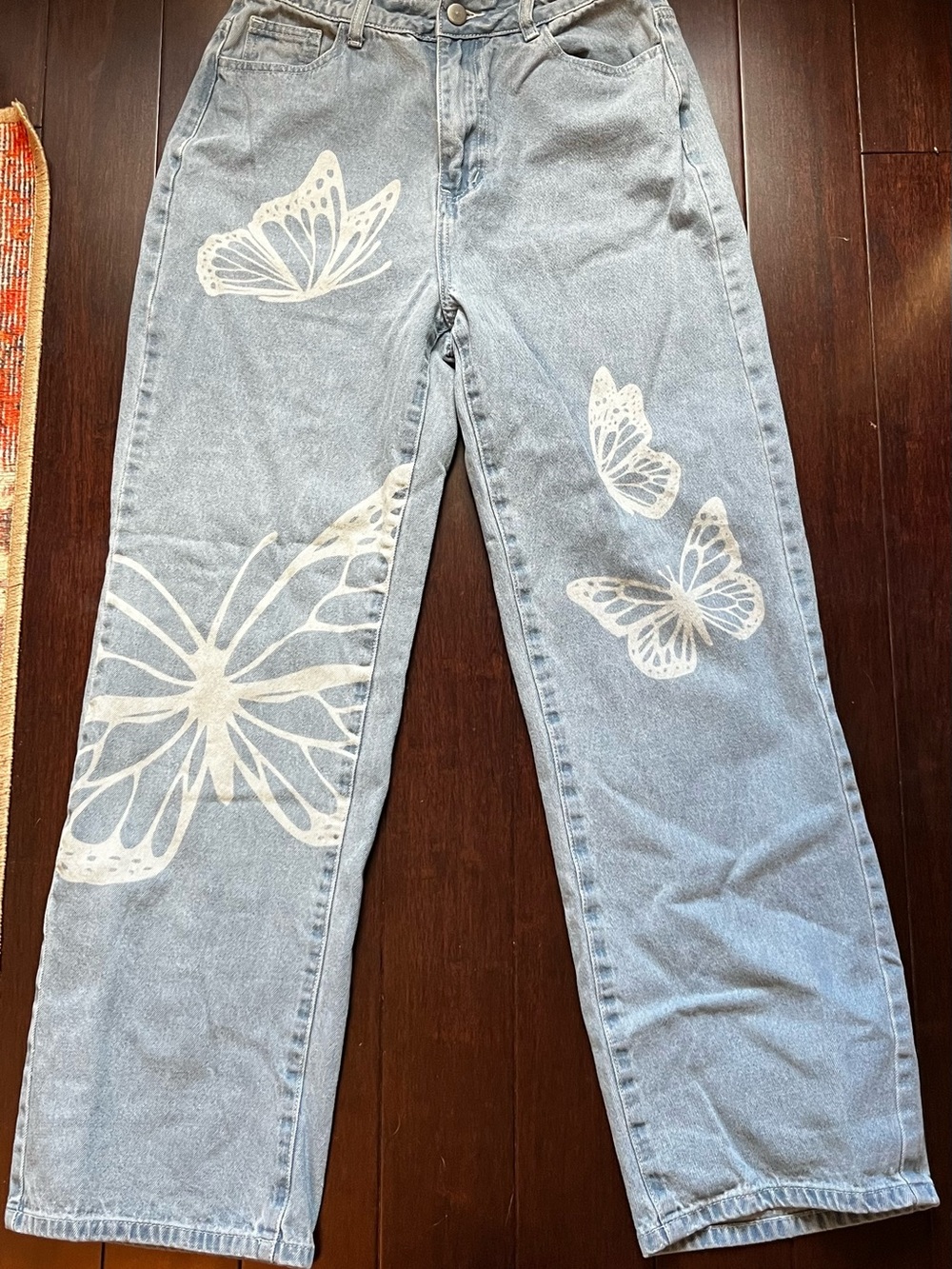 Cider Light Blue Straight-Leg Jeans with White Butterfly Print